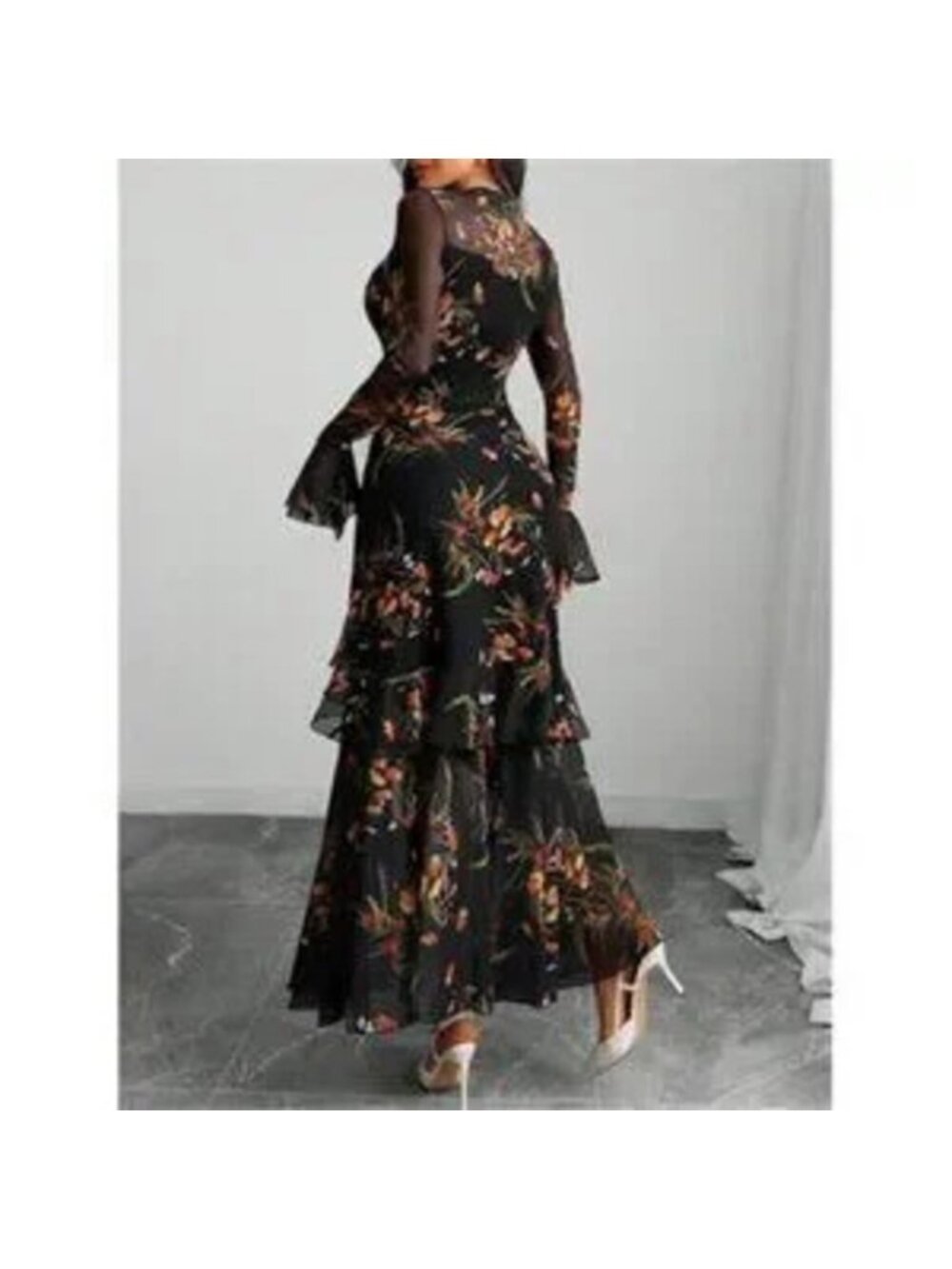 Women's Floral Maxi Dress Sheer Mesh Bell Sleeve Tiered Ruffle Gothic Long Dress - Picture 3 of 4